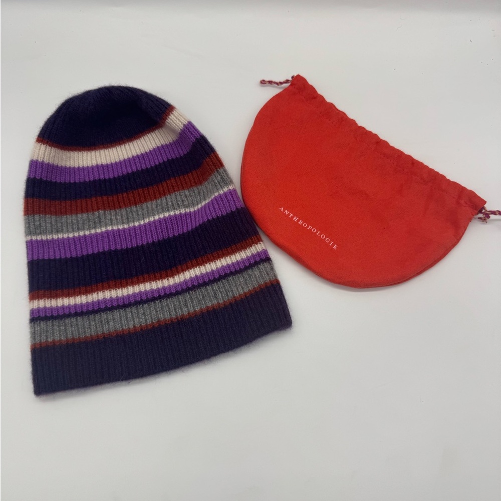 Halogen 100% Cashmere striped beanie with Anthropologie drawstring bag